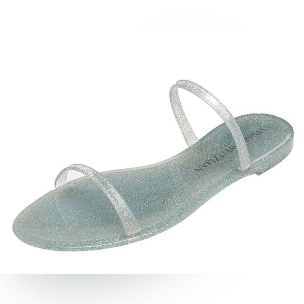New Stuart Weitzman Silver Glitter Jelly Flat Slide Sandals Size 9/39.5